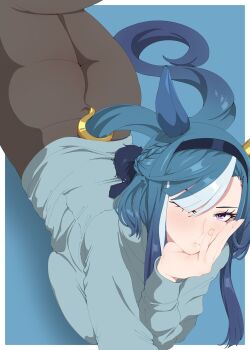 1girl admire_groove_(umamusume) animal_ears arm_up ass blue_hair blush border braid breast_press breasts brown_pantyhose clothing_cutout commentary_request elbow_rest fingernails from_above grey_hair hair_over_one_eye hand_on_own_cheek hand_on_own_face head_rest highres horse_ears horse_girl horse_tail kumabachi315 lips long_sleeves looking_at_viewer lying mole mole_under_mouth multicolored_hair on_stomach one_eye_closed outside_border pantyhose parted_lips purple_eyes solo sweater tail tail_through_clothes two-tone_hair umamusume white_border
