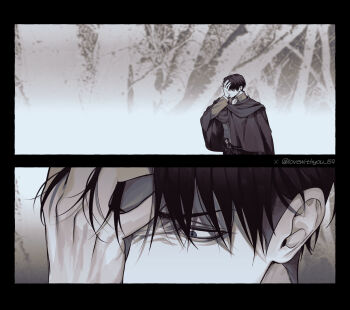 1boy absurdres ascot black_border black_cloak black_hair border brown_shirt cloak hand_on_own_face hashtag-only_commentary highres levi_(shingeki_no_kyojin) lovewithyou_159 male_focus shingeki_no_kyojin shirt short_hair twitter_username white_ascot