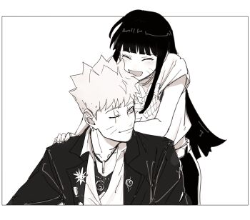 1boy 1girl blunt_bangs boruto:_two_blue_vortex brother_and_sister closed_eyes commentary_request facial_mark greyscale highres jacket jewelry long_hair monochrome naruto_(series) necklace notane_n one_eye_closed open_mouth pin scar scar_across_eye scar_on_face siblings smile uzumaki_boruto uzumaki_himawari whisker_markings