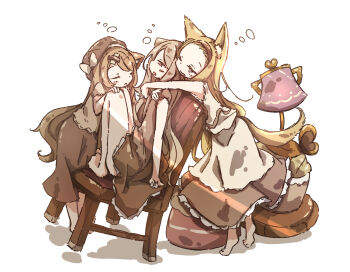 3girls animal_ears barefoot blonde_hair brown_dress brown_hair cat_ears cat_girl chair chipie_0114 dress highres hug hug_from_behind multiple_girls on_chair original short_sleeves sitting standing