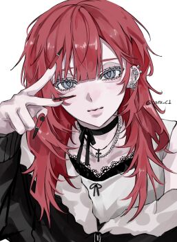 1girl bead_necklace beads black_choker black_jacket caru_c1 choker closed_mouth commentary ear_piercing fingernails fur-trimmed_jacket fur_trim grey_eyes hair_between_eyes hand_up highres jacket jewelry long_hair long_sleeves necklace necktie original piercing portrait red_hair red_nails sharp_fingernails simple_background smile solo symbol-only_commentary upper_body v white_background