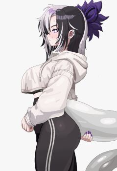 1girl absurdres black_hair cl_oor commentary cropped_hoodie cross-shaped_pupils english_commentary from_side highres hood hood_down hoodie looking_at_viewer midriff multicolored_hair original pants purple_nails simple_background solo streaked_hair symbol-shaped_pupils tail white_background white_hair white_hoodie yoga_pants