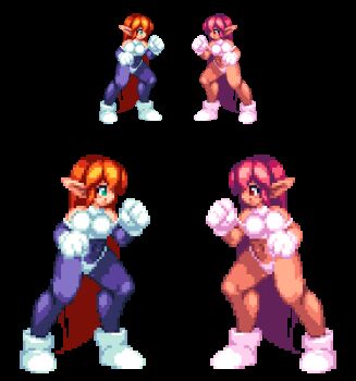 1girl alternate_color animated animated_gif bodysuit bouncing_breasts breasts eye_contact female_focus galaxy_fight green_eyes idle_animation large_breasts long_hair looking_at_another midriff muscular muscular_female navel ohgaki_m orange_hair panties pink_hair pixel_art pointy_ears purple_bodysuit red_eyes roomi skin_tight solo standing thick_thighs thighs underwear white_footwear white_panties