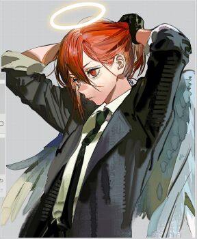 1boy angel angel_devil_(chainsaw_man) angel_wings arms_behind_head avandee11949 black_gloves black_jacket black_necktie chainsaw_man closed_mouth collared_shirt gloves glowing glowing_halo hair_between_eyes halo highres jacket long_hair male_focus necktie orange_eyes shirt solo upper_body white_shirt wings