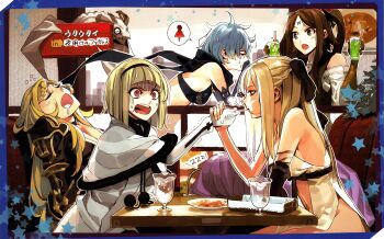6+girls armor blonde_hair blue_hair bra braid braided_bangs breasts brown_eyes brown_hair cleavage cup drag-on_dragoon drag-on_dragoon_3 drinking_glass drinking_straw drooling eating five_(drag-on_dragoon) four_(drag-on_dragoon) highres mikhail_(drag-on_dragoon) morii_shizuki multiple_girls official_art one_(drag-on_dragoon) puffy_cheeks purple_hair red_eyes scarf single_braid sleeping star_(symbol) sweat table three_(drag-on_dragoon) two_(drag-on_dragoon) underwear zero_(drag-on_dragoon) zzz