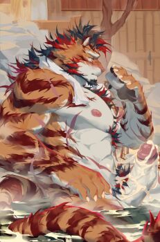 1boy angryhuiye animal_ears bara bare_tree beard black_hair blush chest_tuft completely_nude cowboy_shot cum cum_on_body cum_on_penis cum_string cup facial_hair fluffy from_side full_beard furry furry_male girthy_penis goatee hairy holding holding_cup large_pectorals male_focus male_pubic_hair mature_male multicolored_hair muscular muscular_male mutton_chops nipples nude onsen orange_fur original partially_submerged pectorals penis profile pubic_hair red_hair scar scar_on_arm scar_on_chest solo steam streaked_hair strongman_waist tail thick_eyebrows tiger_boy tiger_ears tiger_tail tree tsurime uncensored white_fur