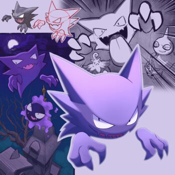 Rule 34 | bare tree, basket, commentary request, fangs, floating, gastly, gen 1 pokemon, gen 3 pokemon, gen 6 pokemon, ghost, halloween, haunter, highres, looking at viewer, moon, nintendo, open mouth, pokemon, pokemon (creature), pokemon firered and leafgreen, pumpkaboo, rayman limbs, rooftop, shoupitsuki, shuppet, sketch, tongue, tongue out, tree, trick or treat