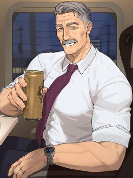 1boy bara beer_can black_pants can collared_shirt cowboy_shot drink_can facial_hair grey_eyes grey_hair highres holding holding_can indoors jewelry looking_at_viewer male_focus mature_male muscular muscular_male mustache night old old_man original pants ring sa1k0p shirt short_hair sitting sleeves_pushed_up smile solo train watch white_shirt wristwatch
