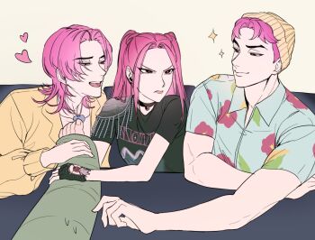 1girl 2boys abby_(kpop_demon_hunters) angry beanie broken_leg choker collar flat_color flower_print hat heartjewelry highres jewelry kpop_demon_hunters looking_at_another mira_(kpop_demon_hunters) multiple_boys muscular muscular_male necklace pink_hair redrawn romance_(kpop_demon_hunters) shirt smile sparkle t-shirt thick_eyebrows twintails