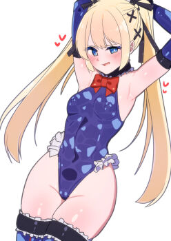 1girl armpits arms_up blonde_hair blue_eyes blue_gloves blue_leotard blue_thighhighs bow bowtie breasts cameltoe covered_navel cowboy_shot dead_or_alive dead_or_alive_5 elbow_gloves frilled_leotard frilled_thighhighs frills gloves hair_ornament highleg highleg_leotard highres leotard long_hair marie_rose nishisan_(mikurosu) red_bow red_bowtie shiny_clothes small_breasts solo thighhighs twintails x_hair_ornament