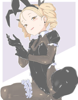 1girl absurdres adjusting_clothes adjusting_gloves animal_ears bdsm black_bodysuit black_gloves black_leotard black_necktie blush blush_stickers bodysuit bodysuit_under_clothes bondage_outfit bow breast_zipper brown_eyes cameltoe commentary_request crotch_zipper detached_collar detached_sleeves drill_hair earrings fake_animal_ears flat_chest frilled_sleeves frilled_thigh_strap frills gloves hair_bow highleg highleg_leotard highres jewelry latex leotard loli looking_at_viewer necktie original playboy_bunny rabbit_ears rabbit_tail shiny_clothes short_necktie short_sleeves small_sweatdrop smile solo spread_legs squatting strapless strapless_leotard tail thigh_strap thighhighs twin_drills zettai_yarumoni zipper