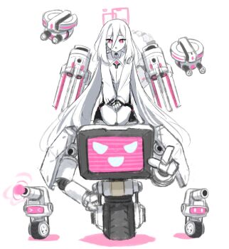 1girl :o blue_archive collared_dress commentary dress drone english_commentary full_body hair_between_eyes halo highres ideolo kei_(amas)_(blue_archive) kei_(blue_archive) kei_(new_body)_(blue_archive) kneeling long_hair long_sleeves looking_at_viewer pink_eyes pointing pointing_at_viewer robot simple_background solo very_long_hair white_background white_hair