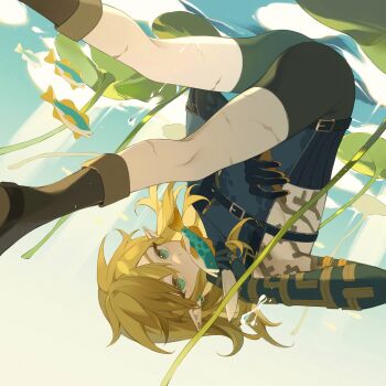 1boy absurdres animal aqua_eyes blonde_hair boots brown_shoes chest_harness covered_mouth earrings fish fish_in_mouth gloves hair_between_eyes harness highres holding holding_knife jewelry knife lamblab0824 link long_hair lotus_leaf male_focus nintendo pointy_ears scar scar_on_leg shirt shoes shorts solo square tattoo the_legend_of_zelda the_legend_of_zelda:_tears_of_the_kingdom underwater