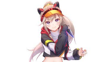 Rule 34 | 1girl, black background, black gloves, black jacket, brown hair, crop top, cropped jacket, dagger, facial mark, fang, fingerless gloves, gloves, hand up, hat, highres, holding, holding dagger, holding knife, holding weapon, jacket, japanese language, knife, komori met, komori met (2nd costume), landscape, long hair, long sleeves, looking at viewer, midriff, nail polish, nanashi inc., ponytail, purple eyes, shirt, simple background, smile, solo, toki (toki ship8), transparent background, turtleneck, upper body, virtual youtuber, visor cap, weapon, white shirt