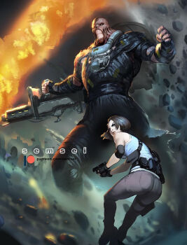 Rule 34 | 1boy, 1girl, artist name, black gloves, blue shirt, david semsei, elbow pads, fire, flamethrower, gloves, gun, highres, holding, holding flamethrower, holding gun, holding weapon, jill valentine, nemesis (resident evil), pants, patreon username, resident evil, resident evil 3: nemesis, resident evil 3 (remake), shirt, single elbow pad, weapon