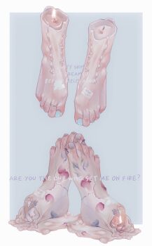 1954love_hate 2others blue_nails body_horror burning candle commentary cracked_skin disembodied_foot english_commentary english_text feet fire foot_focus highres melting multiple_others nail_polish original petals