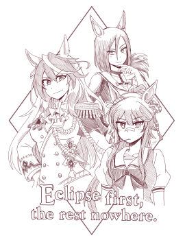 Rule 34 | 3girls, absurdres, air groove (empress road) (umamusume), air groove (umamusume), animal ears, ascot, bandaid, bandaid on face, bandaid on nose, breasts, clothing cutout, commentary request, english text, epaulettes, galois, greyscale, hair between eyes, hatching (texture), highres, horse ears, horse girl, jacket, medal, medium breasts, monochrome, mouth hold, multicolored hair, multiple girls, narita brian (umamusume), o-ring, rope, sailor collar, school uniform, serafuku, shimenawa, shoulder cutout, single epaulette, smile, stalk in mouth, streaked hair, symboli rudolf (emperor's path) (umamusume), symboli rudolf (umamusume), tracen school uniform, umamusume