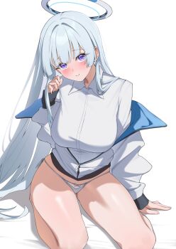 1girl absurdres blue_archive blush breasts coat commentary halo highres lanhua227 large_breasts long_hair looking_at_viewer mechanical_halo noa_(blue_archive) panties purple_eyes seiza shirt simple_background sitting smile solo thighs underwear very_long_hair white_background white_coat white_hair white_panties white_shirt
