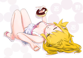 1girl absurdres bare_shoulders blonde_hair blush_stickers breasts donut downblouse dress food highres holding holding_donut holding_food knees_up loli long_hair looking_at_viewer lying messy_hair monogatari_(series) no_bra on_back one_eye_closed open_mouth oshino_shinobu pointy_ears saromarin small_breasts solo yellow_eyes