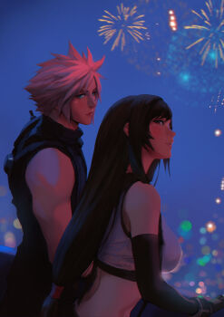 1boy 1girl absurdres aerial_fireworks armor bare_shoulders black_gloves black_hair black_sports_bra blonde_hair blue_eyes blue_sky blurry blurry_background breasts closed_mouth cloud_strife couple crop_top elbow_gloves final_fantasy final_fantasy_vii final_fantasy_vii_rebirth final_fantasy_vii_remake fireworks from_side gloves hetero highres large_breasts light_blush long_hair looking_at_another looking_to_the_side midriff night parted_lips red_eyes short_hair shoulder_armor single_bare_shoulder skirt sky sleeveless sleeveless_turtleneck spiked_hair sports_bra spykeee suspender_skirt suspenders sweater tank_top tifa_lockhart turtleneck turtleneck_sweater white_tank_top