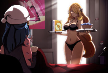 2girls age_difference bed bedroom black_bra black_eyes black_hair black_panties blonde_hair bra breasts chocolate_cake,_gameboy_or_me?_(meme) curvy cynthia_(pokemon) dawn_(pokemon) dreaming female_pervert hair_ornament hair_over_one_eye hairclip hat holding holding_tray large_breasts long_hair looking_at_another meme meme_request multiple_girls nintendo open_door open_mouth pajamas panties parody pervert poke_ball_print pokemon pokemon_dppt poster_(object) presenting rare_candy scene_reference seductive_gaze seductive_smile sitting smile standing surprised tm_(pokemon) toned tray underwear underwear_only very_long_hair vivivoovoo what wide_hips yuri