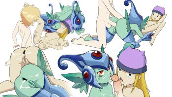 1boy 2girls aftersex anal anus barefoot blonde_hair completely_nude cum cum_in_ass cum_on_body cumdrip digimon doggystyle facial full_body gaping_anus green_eyes hetero highres loli looking_at_viewer lying multiple_girls multiple_views nipples nude on_back orimoto_izumi penis pussy ranamon red_eyes sequential sex sex_from_behind simple_background soles spread_legs toes