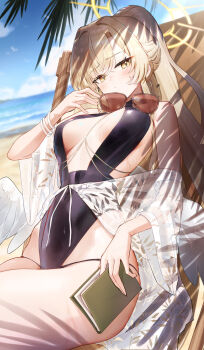 1girl absurdres angel_wings beach black_one-piece_swimsuit blue_archive blush book bracelet breasts brown_eyes brown_hair commentary halterneck highres holding holding_book jewelry long_hair looking_at_viewer low_wings medium_breasts miruto_netsuki nagisa_(blue_archive) nagisa_(swimsuit)_(blue_archive) official_alternate_costume one-piece_swimsuit ponytail sitting solo sunglasses sweatdrop swimsuit unworn_eyewear white_wings wings