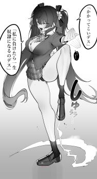 1girl :d absurdres bad_tag bare_legs blazer blush breasts eonsang fighting_stance full_body girls&#039;_frontline girls&#039;_frontline_2:_exilium greyscale hair_between_eyes highres jacket jiangyu_(girls&#039;_frontline_2) knee_up large_breasts long_hair looking_at_viewer miniskirt monochrome open_mouth panties plaid_clothes plaid_skirt pleated_skirt school_uniform skirt smile solo standing standing_on_one_leg thighs translation_request twintails type_97_(girls&#039;_frontline) underwear upskirt very_long_hair