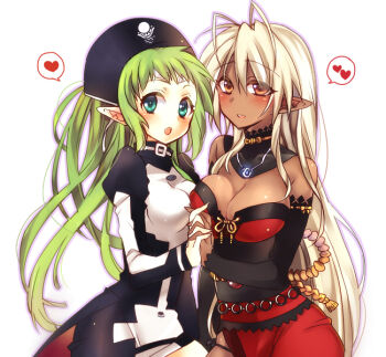 00s 2girls aki_(prdx85) antenna_hair bad_id bad_pixiv_id bare_shoulders blush breasts cleavage dark_elf dark_skin dark-skinned_female demonbane elf elsa elsa_(demonbane) green_eyes green_hair holding_hands hat heart kishin_hishou_demonbane kishin_houkou_demonbane large_breasts long_hair medium_breasts multiple_girls nitroplus open_mouth orange_eyes pointy_ears sansei_muramasa soukou_akki_muramasa white_hair
