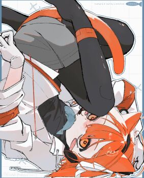 1girl a.i._voice adachi_rei animal_ears black_thighhighs blush_stickers cat_ears cat_girl cat_tail commentary fish fish_in_mouth from_side gloves grey_shorts highres jacket kankitukei6244 kemonomimi_mode looking_at_viewer looking_to_the_side no_shoes open_clothes open_jacket orange_eyes orange_hair shorts solo symbol-only_commentary tail thighhighs upside-down utau white_gloves white_jacket