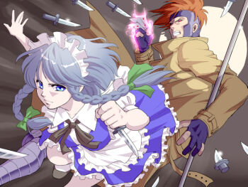 10s 1boy 1girl animification battle blue_eyes bow braid brown_hair clash coat crossover fingerless_gloves gambit gloves grey_hair hair_bow izayoi_sakuya knife m.u.g.e.n maid maid_headdress marvel nana-2009 red_eyes short_hair staff throwing_knife touhou trench_coat twin_braids weapon x-men
