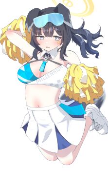 1girl animal_ears black_hair blue_archive blush breasts cheerleader commentary_request dog_ears dog_girl dog_tail full_body goggles goggles_on_head halo hibiki_(blue_archive) hibiki_(cheer_squad)_(blue_archive) highres holding holding_pom_poms long_hair looking_at_viewer millennium_cheerleader_outfit_(blue_archive) mintchoco_(minchothudong) navel official_alternate_costume open_mouth pom_pom_(cheerleading) pom_poms shoes simple_background skirt solo star_(symbol) star_sticker sticker sticker_on_face tail white_background white_shoes yellow_halo