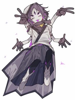 Rule 34 | 1girl, :d, \o/, ^ ^, alternate universe, ankle boots, arms up, arthropod girl, black gloves, black leggings, black sclera, black trim, boots, closed eyes, coat, colored sclera, colored skin, commentary request, double v, extra arms, extra eyes, fangs, foreshortening, from below, full body, gloves, gold necklace, grey shirt, grey skirt, hair flaps, heart, heart necklace, hood, hood up, hooded coat, insect girl, jewelry, knee up, leggings, looking at viewer, medium skirt, mei (tuboishi), muffet, necklace, open mouth, outstretched arms, parted bangs, puffy short sleeves, puffy sleeves, purple eyes, purple hair, shirt, short hair, short sleeves, simple background, skin fangs, skirt, smile, solo, sparkle, spider girl, turtleneck, turtleneck shirt, undertale, utdr (toby fox), v, white background, white boots, white coat, white skin, xtale