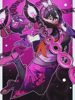 1girl alternate_eye_color black_hair black_kimono bow breasts carmine_(pokemon) carmine_(sygna_suit)_(pokemon) closed_mouth crossed_bangs detached_sleeves dress eye_color_change floral_print floral_print_kimono gloves hair_between_eyes hair_bow hairband highres japanese_clothes kimono long_hair long_sleeves looking_at_viewer mind_control mole mole_under_eye nintendo official_alternate_costume open_mouth pecharunt pink_eyes pink_sash pokemon pokemon_(creature) pokemon_masters_ex possessed possession print_kimono purple_dress purple_gloves purple_hairband purple_skirt reo_(mmocc123) sash skirt smile white_bow yellow_eyes