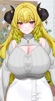 Rule 34 | 1girl, arm support, artist request, blonde hair, blunt bangs, breasts, cleavage, cleavage cutout, closed mouth, clothing cutout, commentary request, detached sleeves, gradient hair, green hair, green nails, grey sweater, highres, horns, huge breasts, indie virtual youtuber, leaf, long hair, long sleeves, looking at viewer, multicolored hair, outdoors, red eyes, ribbed sweater, second-party source, sidelocks, skirt, smile, solo, sweater, two-tone hair, upper body, virtual youtuber, white skirt