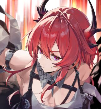 1girl arknights arknights:_endfield bare_shoulders black_dress breasts cleavage close-up demon_girl demon_horns detached_collar dress highres horns kamu_(kamuuei) laevatein_(arknights) large_breasts long_hair looking_at_viewer purple_eyes red_hair sleeveless sleeveless_dress solo surtr_(arknights)