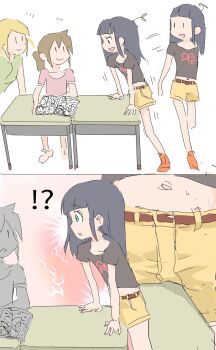3girls akame-chan_(kyo-yan) black_hair blonde_hair brown_hair commentary_request crotch_rub desk highres koga-chan_(kyo-yan) kyo-yan long_hair midriff multiple_girls navel original plant_on_head school_desk shorts simple_background sketch sprout_on_head watanyabe_(kyo-yan) white_background