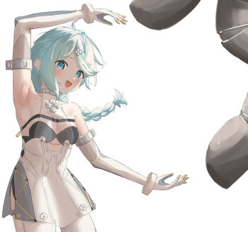 1girl absurdres arm_up armpits bare_shoulders blue_eyes blue_hair braid braided_ponytail breasts clothing_cutout commentary_request cowboy_shot detached_sleeves flower_hairpin formal_clothes gloves highres ikura_motimoti mole mole_on_shoulder open_mouth see-through_dress_layer seed_(zenless_zone_zero) seed_sr. simple_background small_breasts suit thigh_cutout white_background white_gloves white_suit zenless_zone_zero