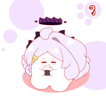 Rule 34 | blue archive, blush, chibi, closed eyes, closed mouth, colored shadow, commentary request, facing viewer, food, grey hair, hair ornament, hairclip, halo, hina (blue archive), holding, holding food, horns, kurukurumagical, motion lines, onigiri, parted bangs, shadow, single hair intake, sitting, solo, white background