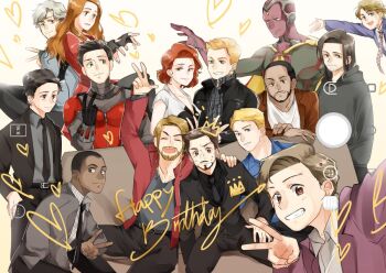 Rule 34 | 2girls, 6+boys, a841l, animification, ant-man, arm up, avengers (series), beard, belt, black belt, black dress, black eyes, black gloves, black hair, black jacket, black necktie, black pants, black shirt, black suit, blonde hair, blue eyes, blue jacket, blue shirt, bodysuit, breasts, brother and sister, brown eyes, brown hair, brown necktie, bruce banner, bucky barnes, cape, character request, checkered clothes, checkered shirt, clint barton, closed eyes, closed mouth, collarbone, collared jacket, collared shirt, colored skin, couch, crown (symbol), dark-skinned male, dark skin, dress, earrings, english text, facial hair, fingerless gloves, fingernails, formal clothes, gloves, green bodysuit, green eyes, green skin, grey bodysuit, grey hair, grey hoodie, grey jacket, grey shirt, hand in pocket, hand on another's shoulder, hand up, hands up, happy, happy birthday, heart, hood, hoodie, jacket, james rhodes, jewelry, leaf earrings, long hair, long sleeves, looking at another, looking at viewer, marvel, medium breasts, multicolored bodysuit, multicolored skin, multiple boys, multiple girls, natasha romanoff, necktie, on couch, open clothes, open jacket, open mouth, pants, peter parker, pietro maximoff, plaid clothes, plaid necktie, plaid shirt, pocket, purple jacket, red bodysuit, red hair, red jacket, red skin, sam wilson, scarlet witch, scott lang, shirt, short hair, short sleeves, siblings, simple background, single-shoulder dress, single bare shoulder, sitting, smile, spread legs, standing, steve rogers, suit, superhero costume, sweatdrop, t-shirt, teeth, thor (marvel), tony stark, two-tone bodysuit, two-tone dress, v, v-shaped eyebrows, vision (marvel), w, wanda maximoff, white background, white dress, white shirt, yellow cape, zipper