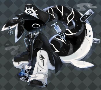 Rule 34 | 1boy, argyle background, arms between legs, black coat, cetacean tail, coat, commentary, cross, cross earrings, deformed, dilnyan03, earrings, english commentary, fins, fish tail, full body, gauntlets, grey background, hat, highres, jewelry, male focus, monster boy, orca boy, original, peaked cap, piercing, single earring, single gauntlet, solo, squatting, syringe, tail, tail ornament, tail piercing