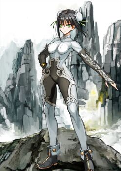 1girl armored_gloves bangle black_boots black_hair bodysuit boots bracelet breasts breasts_apart bun_cover chinese_clothes closed_mouth covered_groin double_bun elbow_gloves expressionless fate/grand_order fate_(series) fingerless_gloves full_body game_cg gloves green_eyes grey_gloves hair_between_eyes hair_bun hand_on_own_hip high_collar impossible_bodysuit impossible_clothes jewelry legs_apart looking_at_viewer medium_breasts official_art outstretched_arm qin_liangyu_(fate) shimadoriru short_hair sidelocks solo standing third-party_source variant_set white_bodysuit