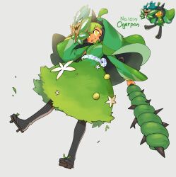 Rule 34 | 1girl, absurdres, blush, bright pupils, character name, closed mouth, club (weapon), colored skin, commentary request, creatures (company), dress, falling leaves, fang, fang out, flower, game freak, green dress, highres, holding, holding mask, holding weapon, leaf, mask, nintendo, ogerpon, orange skin, pantyhose, personification, pokedex number, pokemon, qumyak, sandals, smile, star-shaped pupils, star (symbol), symbol-shaped pupils, tongue, tongue out, weapon, white flower, white pupils, yellow eyes