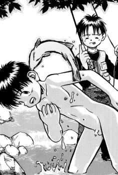 2boys bar_censor censored fish kamisae male_focus monochrome multiple_boys nipples nude original outdoors penis rock shota white_background