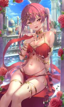 1girl :d @_@ absurdres alternate_costume arabian_clothes bare_shoulders blue_gemstone blue_sky breasts circlet dancer flower gem gold_choker hai_0013 hair_ribbon heterochromia highres hololive houshou_marine jewelry large_breasts long_hair looking_at_viewer middle_eastern_architecture navel open_mouth ornate_clothes outdoors paid_reward_available red_eyes red_flower red_hair red_rose revealing_clothes ribbon rose sitting sky smile solo thighlet twintails virtual_youtuber yellow_eyes