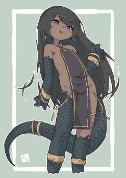 Rule 34 | 1girl, absurdres, anklet, bangle, bare shoulders, black tabard, blue eyes, bracelet, brown hair, commentary request, commission, covered navel, dark-skinned female, dark skin, earrings, flat chest, gold anklet, gold bangle, gold necklace, green background, green scales, green tail, groin, highres, jewelry, long hair, looking at viewer, mabo9317, naked tabard, necklace, open mouth, original, scales, skeb commission, smile, solo, tabard, tail, tail ornament, tail ring, thighlet, waving