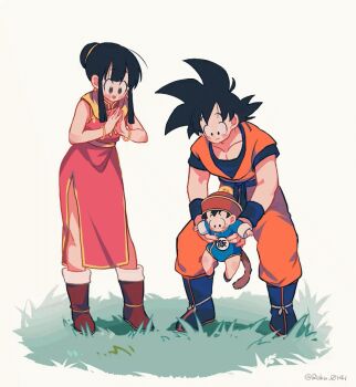 1girl 2boys animated animated_gif baby black_eyes black_hair boots bracelet carrying carrying_person chi-chi_(dragon_ball) child chinese_clothes dougi dragon_ball dragonball_z father_and_son fur_trim grass carrying_baby husband_and_wife jewelry mother_and_son multiple_boys on_grass pectorals resisting roku_(roku_0141) saiyan saiyan_tail short_hair simple_background smile son_gohan son_goku spiked_hair tail white_background wristband
