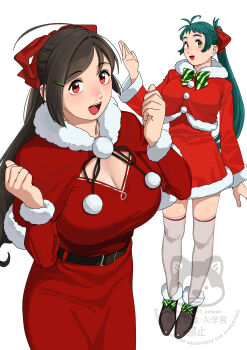absurdres blue_hair boots bow breasts brown_hair capelet christmas cleavage clenched_hands dress fur-trimmed_dress fur_trim green_bow grey_thighhighs hair_bow hair_ornament hairclip highres irako_(christmas)_(kancolle) irako_(kancolle) kantai_collection large_breasts long_hair long_sleeves mamiya_(christmas)_(kancolle) mamiya_(kancolle) ojipon open_mouth pom_pom_(clothes) ponytail red_bow red_capelet red_dress santa_costume simple_background thighhighs white_background