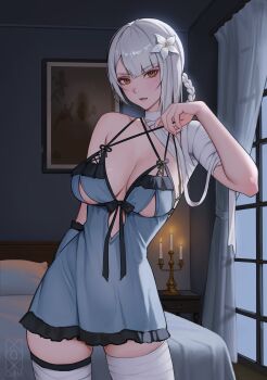 1girl absurdres bandaged_arm bandaged_leg bandaged_neck bandaged_wrist bandages bed bedroom blue_negligee braid braided_hair_rings breasts brown_eyes candle candlestand clothing_cutout collarbone commentary cowboy_shot curtains english_commentary flower grey_hair groin hair_flower hair_ornament hair_rings hands_up highres indoors kaine_(nier) large_breasts lingerie looking_at_viewer lunar_tear medium_hair negligee nier nier_(series) parted_lips picture_frame quilm signature solo underboob_cutout underwear window