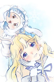 1girl animal animal_ear_hood animal_ears beret blonde_hair blue_background blue_bow blue_bowtie blue_eyes blue_hairband bow bowtie braid breath brown_jacket cat chinese_commentary cloak clothed_animal collared_jacket commentary_request dot_nose earrings eyelashes fake_animal_ears frilled_hairband frilled_shirt frilled_sleeves frills fur-trimmed_jacket fur-trimmed_sleeves fur_cloak fur_trim gloves grey_gloves grey_shirt grin hair_bow hairband hand_on_own_cheek hand_on_own_face happy hat head_tilt highres hood hood_up hooded_cloak infinity_nikki jacket jewelry light_blush lips lolita_hairband long_hair long_sleeves lop_rabbit_ears momo_(nikki) neck_ribbon nikki_(series) official_alternate_costume parted_bangs pink_lips pom_pom_(clothes) pom_pom_earrings puffy_long_sleeves puffy_sleeves purple_ribbon rabbit_ears ribbon shirt side_braids smile snowflakes snowing stylist_(nikki) turtleneck turtleneck_shirt twin_braids two-tone_background upper_body very_long_hair white_background white_cat white_cloak white_gloves white_hat zhenzi_jiang